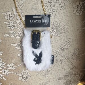 PLAYBOY White Faux Fur Phone Case with Gold Chain